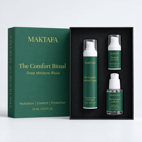 The Comfort Ritual: three products fitted inside an open black presentation box, beside its emerald lid.
