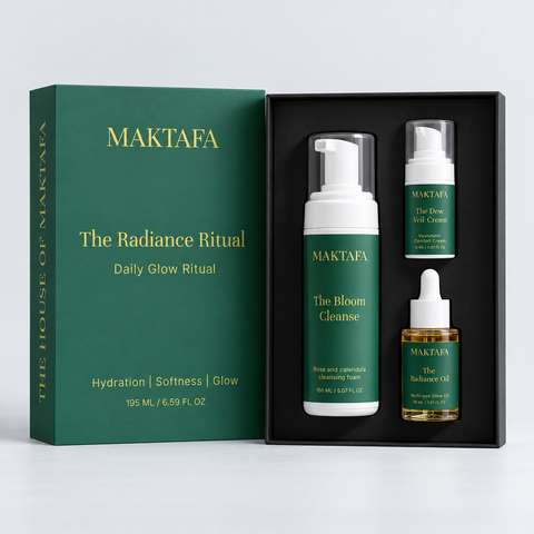 The Radiance Ritual: three products fitted inside an open black presentation box, beside its emerald lid.