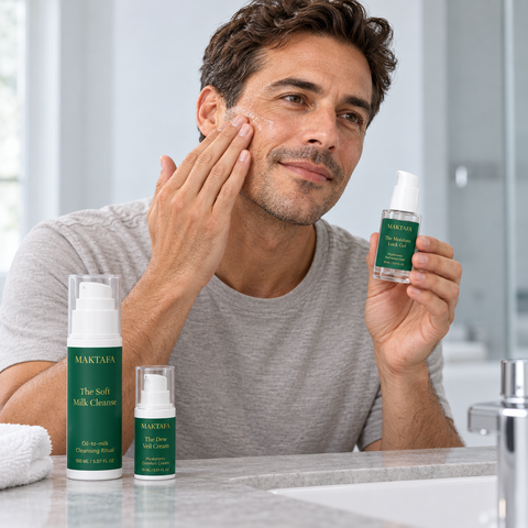 Person applying face cream to a cheek, with the Hydration Ritual products beside the basin.