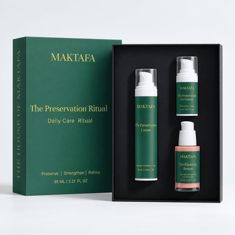 The Preservation Ritual: three products fitted inside an open black presentation box, beside its emerald lid.