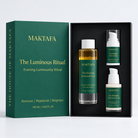 The Luminous Ritual: three products fitted inside an open black presentation box, beside its emerald lid.