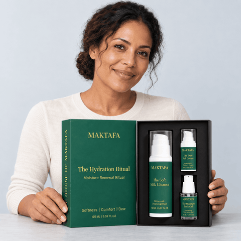 A person presenting the open Hydration Ritual box with all three products visible.