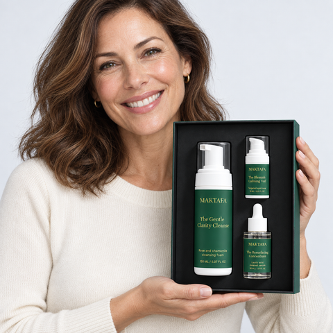 A person presenting the open The Clarity Ritual box with all three products visible.