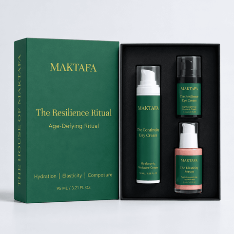 The Resilience Ritual: three products fitted inside an open black presentation box, beside its emerald lid.