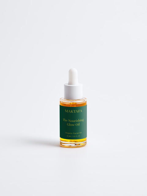 Maktafa The Glow Ritual: Nourishing Glow Oil bottle on a pale grey background.
