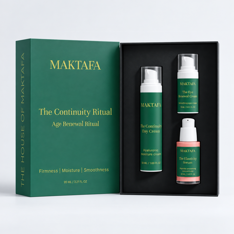 The Continuity Ritual: three products fitted inside an open black presentation box, beside its emerald lid.