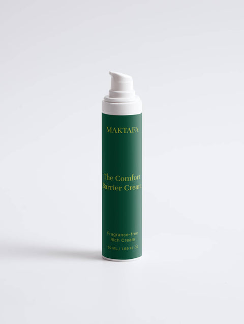 Maktafa The Comfort Ritual: Comfort Barrier Cream bottle on a pale grey background.