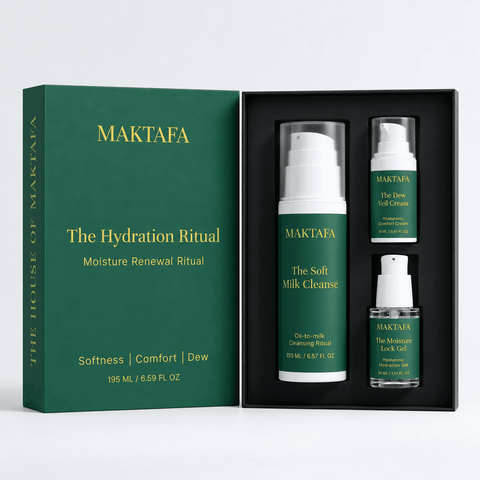 The Hydration Ritual: three products fitted inside an open black presentation box, beside its emerald lid.