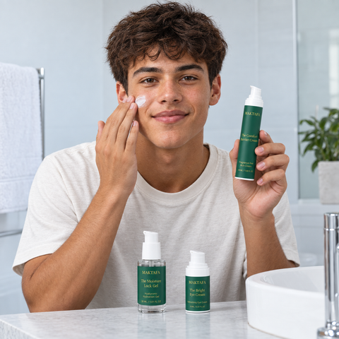 Person applying cream to a cheek while holding a Maktafa bottle at the bathroom basin.