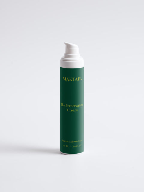 Maktafa The Preservation Ritual: Preservation Cream bottle on a pale grey background.