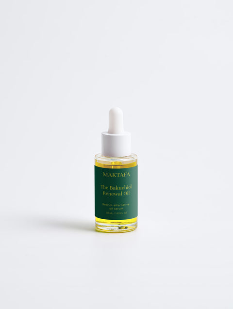 Maktafa The Balance Ritual: Bakuchiol Renewal Oil bottle on a pale grey background.