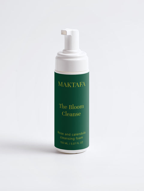 Maktafa The Radiance Ritual: Bloom Cleanse bottle on a pale grey background.