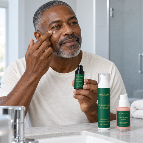 Person applying eye cream beneath an eye, with the Resilience Ritual products beside the basin.