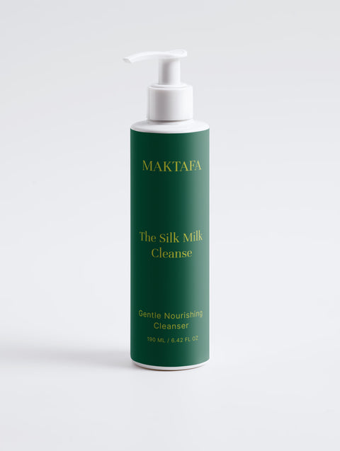 Maktafa The Glow Ritual: Silk Milk Cleanse bottle on a pale grey background.