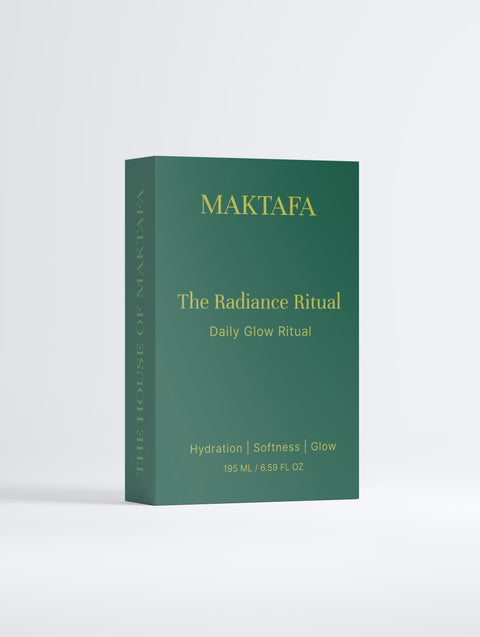 Front of the emerald The Radiance Ritual presentation box with gold lettering.