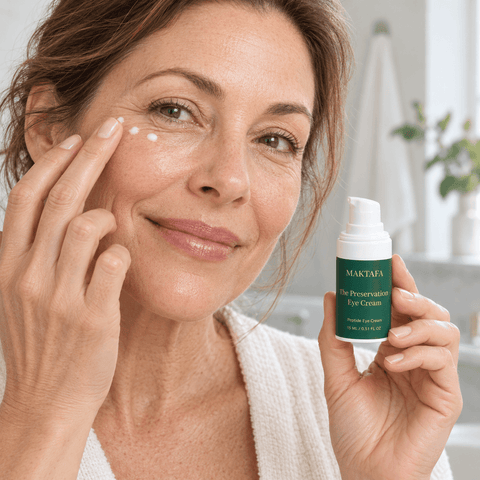 Person applying eye cream beneath an eye while holding the Preservation Eye Cream bottle.