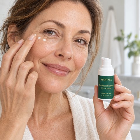 Person applying eye cream beneath an eye while holding the Preservation Eye Cream bottle.