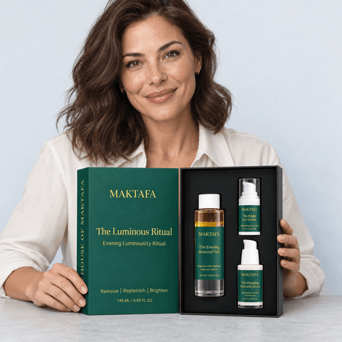 A person presenting the open Luminous Ritual box with all three products visible.
