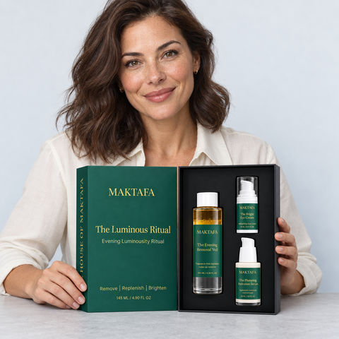 A person presenting the open The Luminous Ritual box with all three products visible.