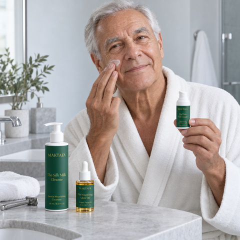 Person applying face cream to a cheek, with the Glow Ritual products beside the basin.