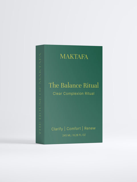 Front of the emerald The Balance Ritual presentation box with gold lettering.
