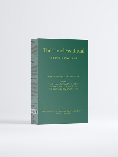 Reverse of the The Timeless Ritual presentation box showing printed product information.