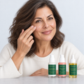 Person applying skincare to a cheek, with the Firmness Ritual bottles on the counter.