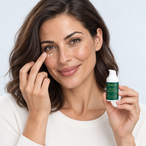 Person gently applying eye cream beneath an eye while holding a Maktafa bottle.