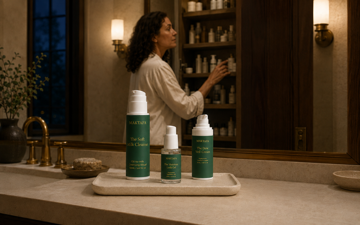 Three emerald-labelled Maktafa bottles on a bathroom tray, with a woman beside the cabinet.