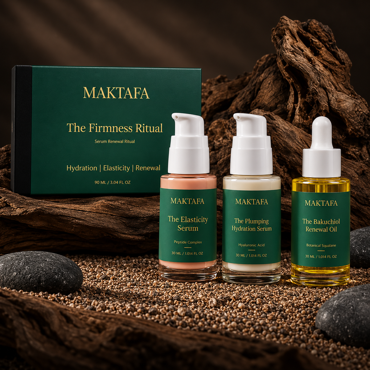 The Firmness Ritual box with two pump bottles and a dropper bottle arranged on natural wood.
