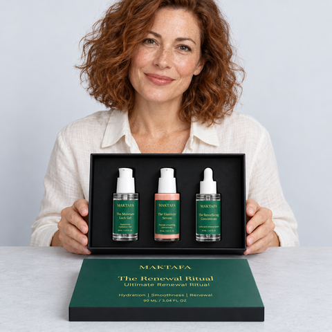 A person presenting the open The Renewal Ritual box with all three products visible.