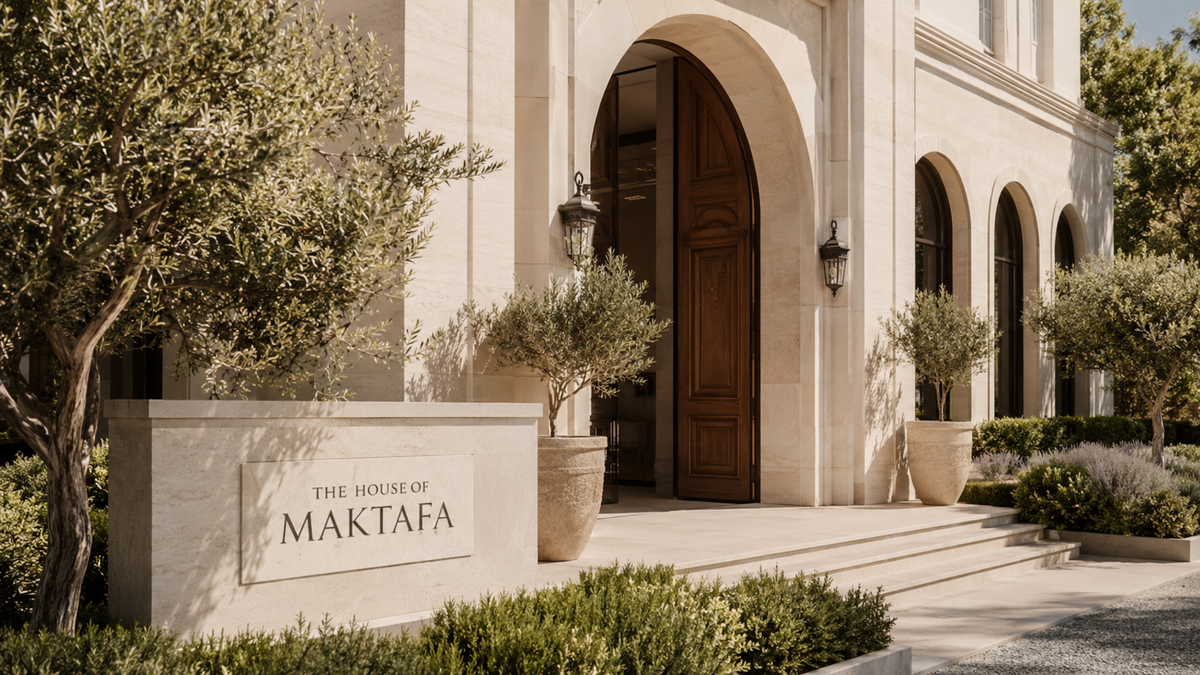 Illustration of a Mediterranean-style house entrance with a House of Maktafa sign.