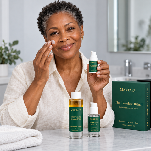Person applying face cream to a cheek, with the Timeless Ritual products beside the basin.