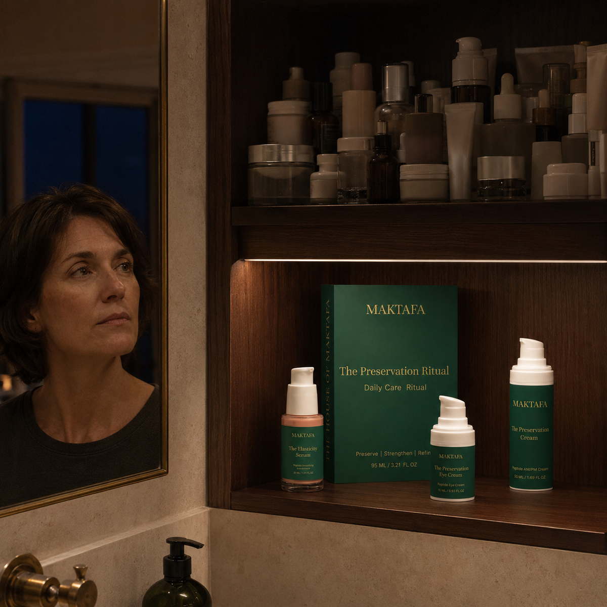 The Preservation Ritual box and three Maktafa bottles on a cabinet shelf beside a bathroom mirror.