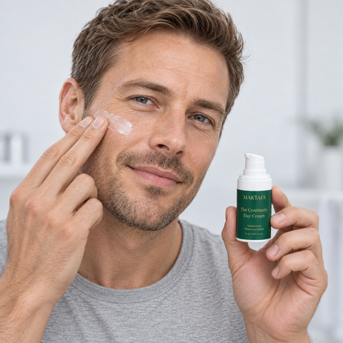 Person applying face cream to a cheek while holding a Maktafa bottle.