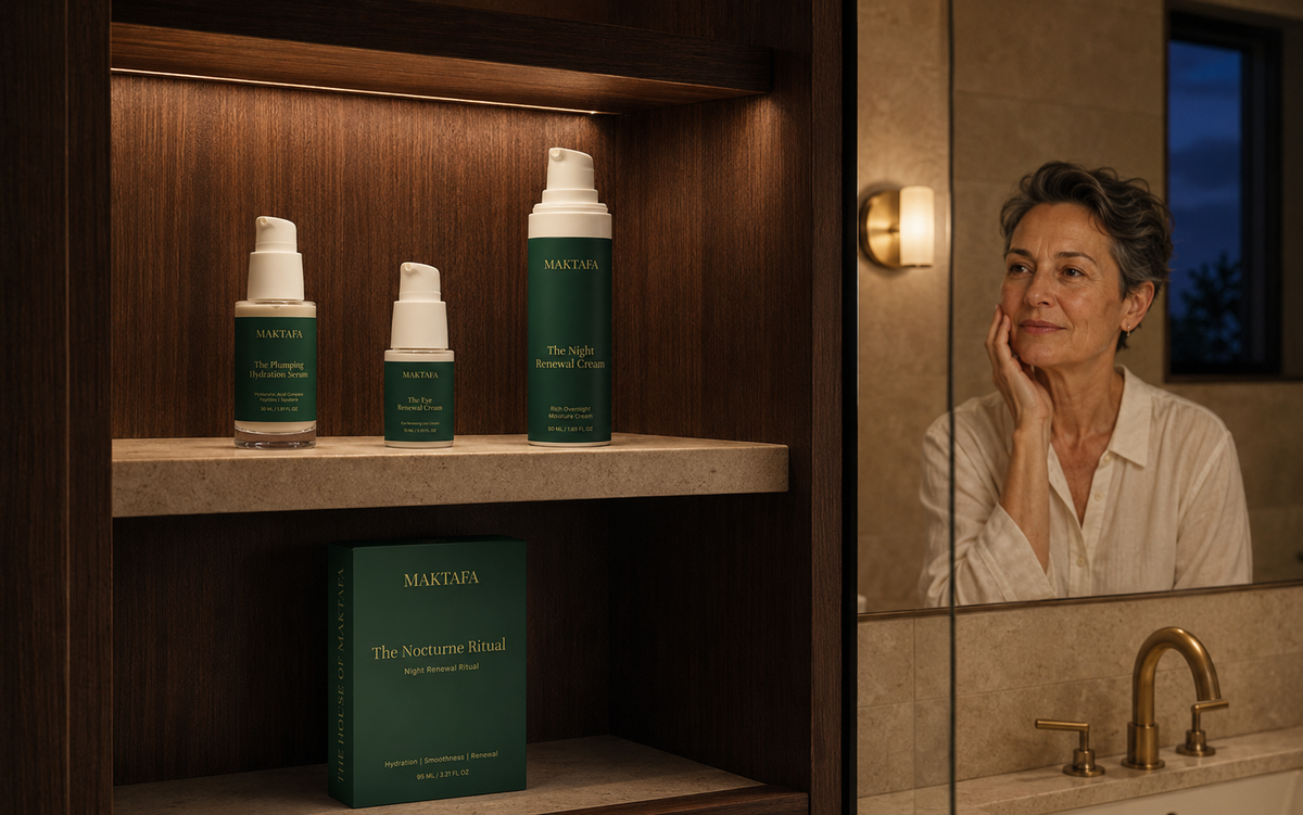 Three Maktafa bottles and an emerald ritual box on a lit cabinet shelf, with a woman at the bathroom mirror.