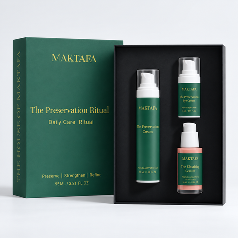 The Preservation Ritual: three products fitted inside an open black presentation box, beside its emerald lid.