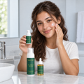 Person applying cream to a cheek while holding the Dew Veil Cream bottle.