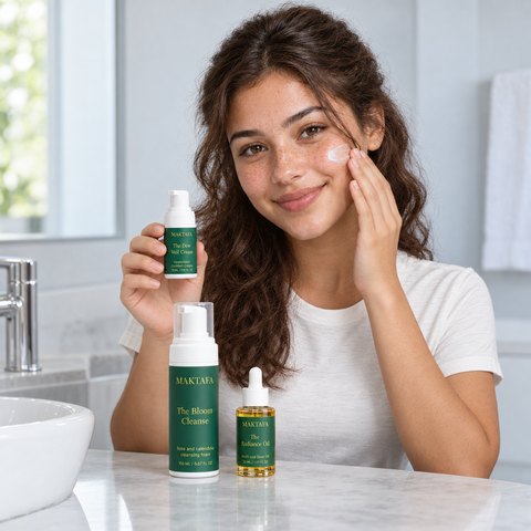 Person applying cream to a cheek while holding the Dew Veil Cream bottle.