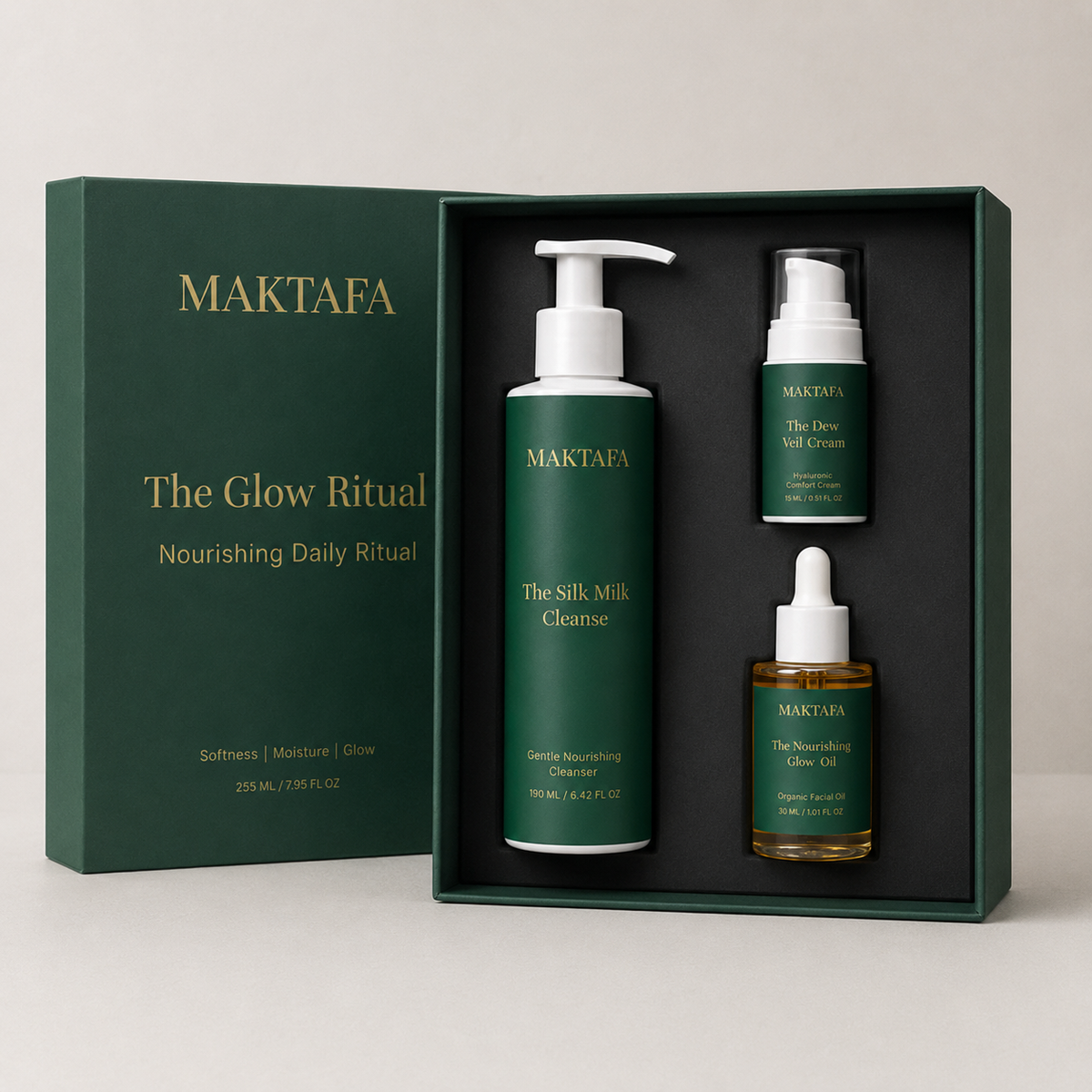 The Glow Ritual in an open black presentation box beside its emerald-and-gold lid.