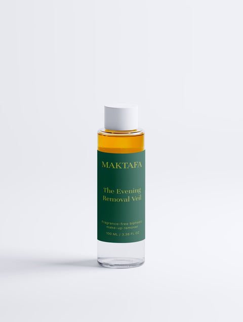 Maktafa The Timeless Ritual: Evening Removal Veil bottle on a pale grey background.