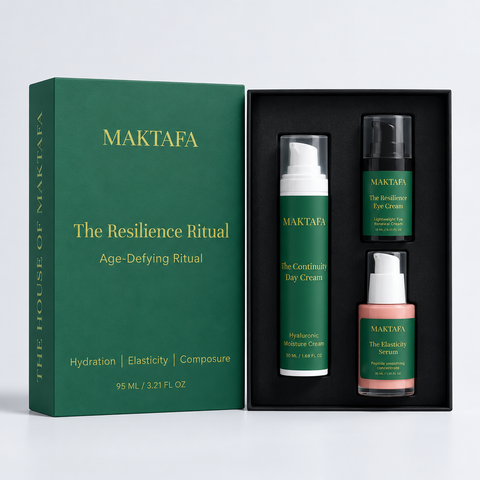 The Resilience Ritual: three products fitted inside an open black presentation box, beside its emerald lid.