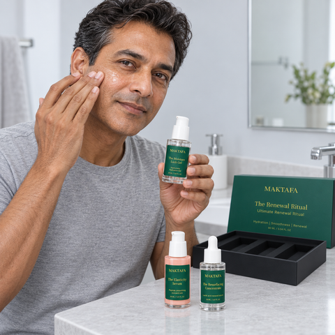 Person applying skincare to a cheek, with the Renewal Ritual products and open box on the counter.