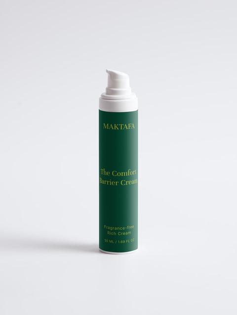 Maktafa The Comfort Ritual: Comfort Barrier Cream bottle on a pale grey background.