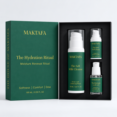 The Hydration Ritual: three products fitted inside an open black presentation box, beside its emerald lid.