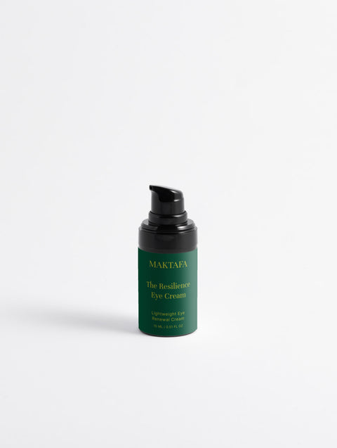 Maktafa The Resilience Ritual: Resilience Eye Cream bottle on a pale grey background.