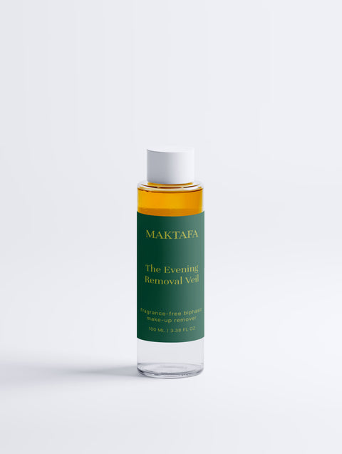 Maktafa The Luminous Ritual: Evening Removal Veil bottle on a pale grey background.