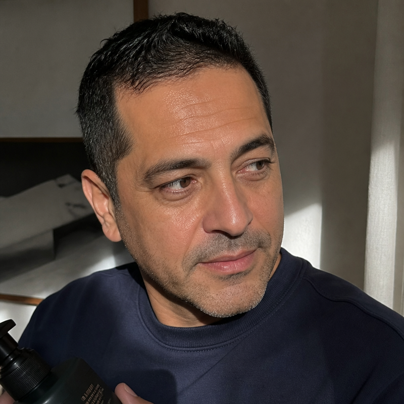 Portrait of a man holding a dark skincare bottle beside a window.