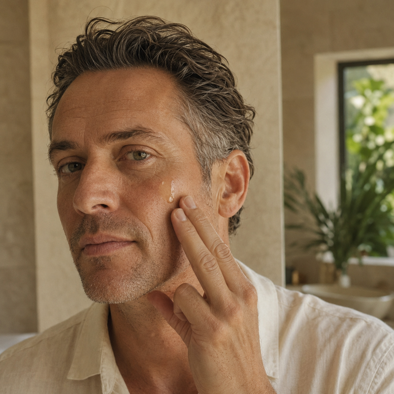 Man gently applying skincare to his cheek in a sunlit bathroom.