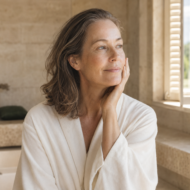 Woman resting a hand against her cheek beside a sunlit bathroom window.